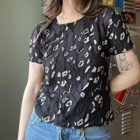Vintage 90s Black Burnout Floral Top | Sheer Velvet Short Sleeve | M - Picture 3 of 7